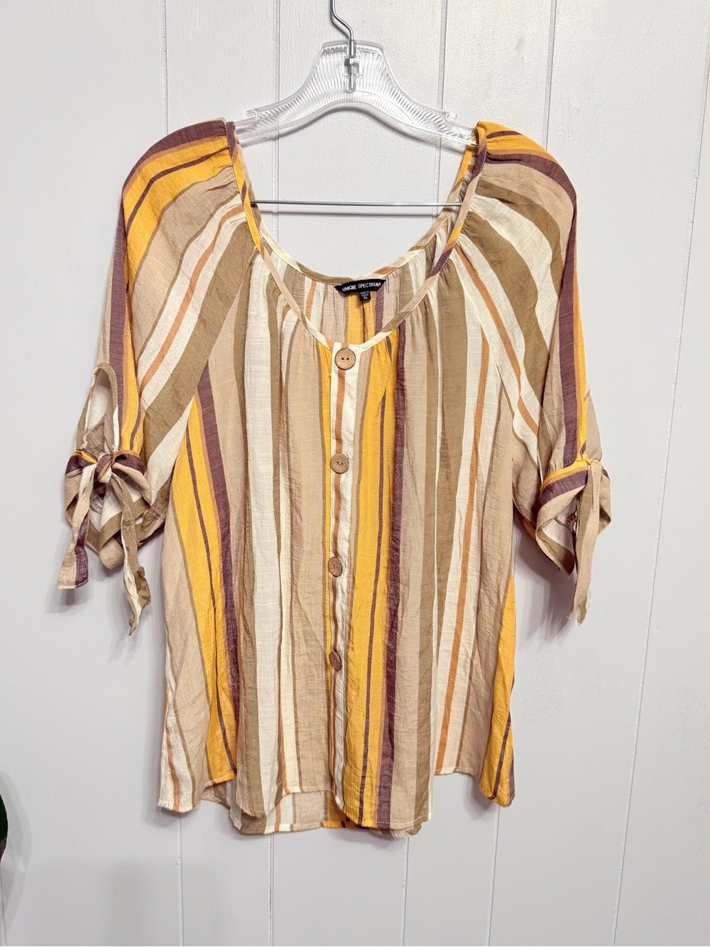 #14) Unique Spectrum Striped Button-Detail Tie-Sleeve Top in Yellow, Cream, Bro